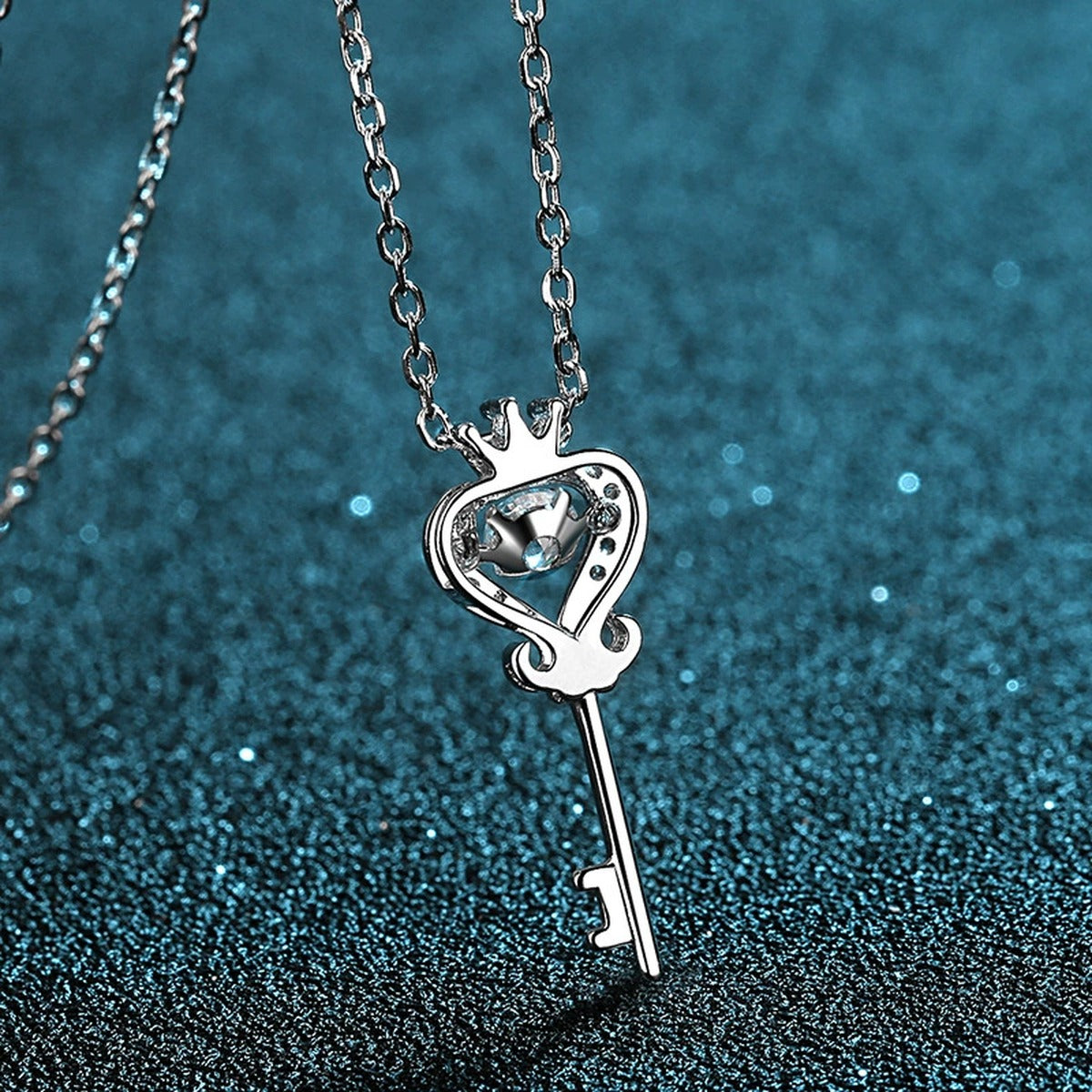 Crown Key Moissanite Pendant Necklace with CZ in Rhodium-Plated S925 sterling silver product scene view showing chain and setting detail
