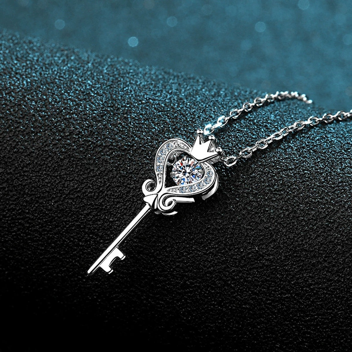 Crown Key Moissanite Pendant Necklace with CZ in Rhodium-Plated S925 sterling silver product scene view showing angled sparkle