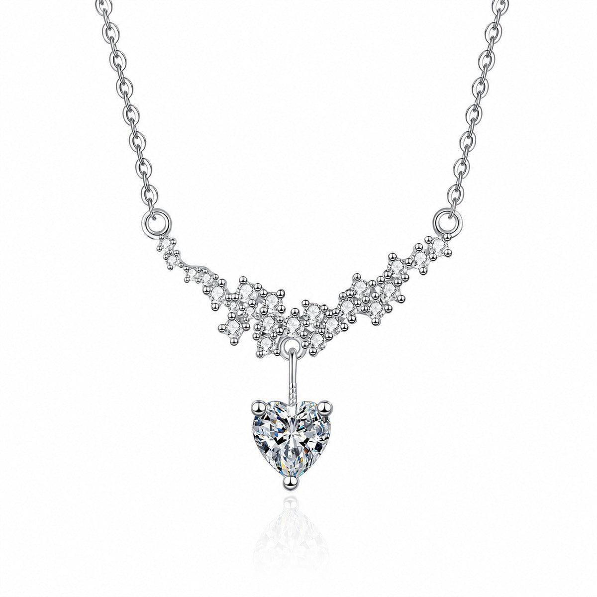 Heart Bow Moissanite Pendant Necklace with CZ in Rhodium-Plated S925 sterling silver white background product photo showing curved bow pendant with a heart cut moissanite drop and CZ accents