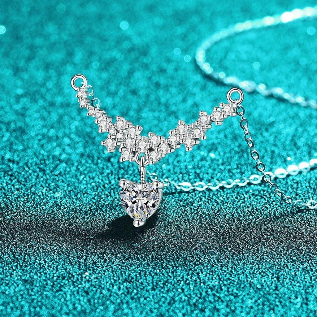 Heart Bow Moissanite Pendant Necklace with CZ in Rhodium-Plated S925 sterling silver close-up product scene showing pendant setting