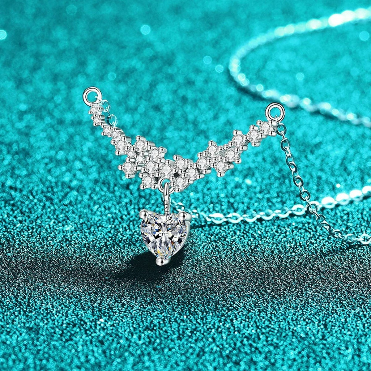 Heart Bow Moissanite Pendant Necklace with CZ in Rhodium-Plated S925 sterling silver close-up product scene showing pendant setting