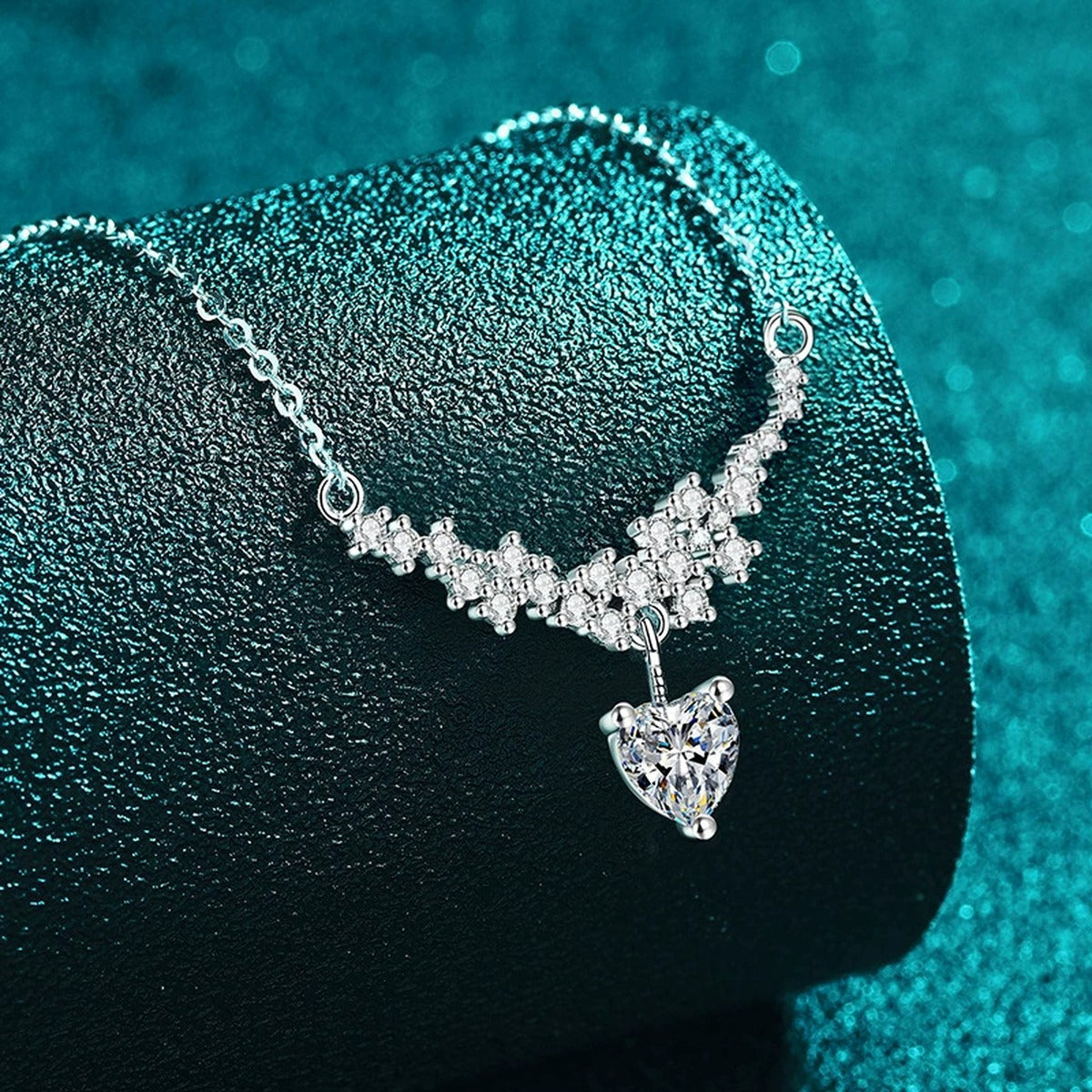 Heart Bow Moissanite Pendant Necklace with CZ in Rhodium-Plated S925 sterling silver angled product detail view