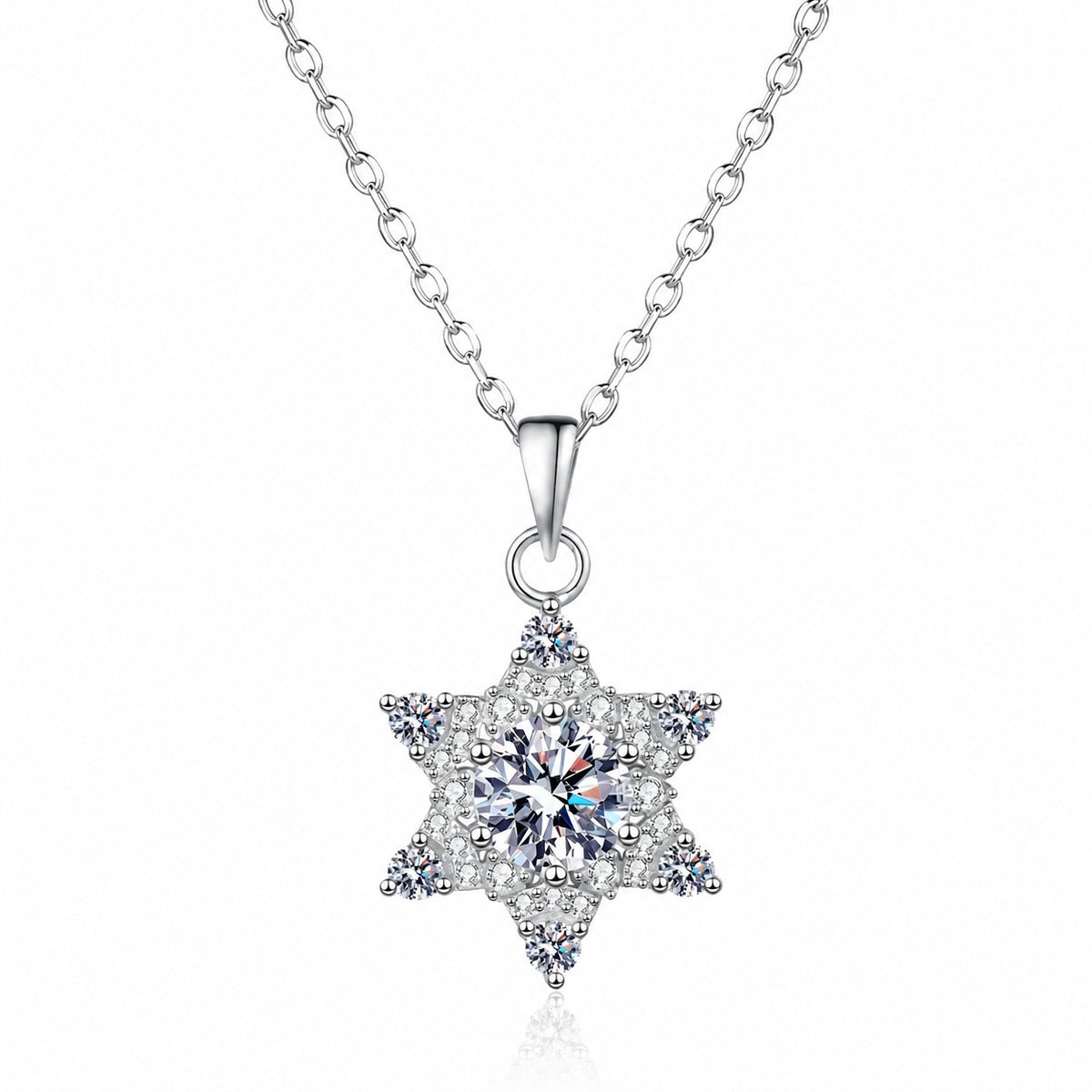 Starburst Moissanite Pendant Necklace with CZ in Rhodium-Plated S925 sterling silver white background product photo showing starburst pendant with a round moissanite center and CZ points