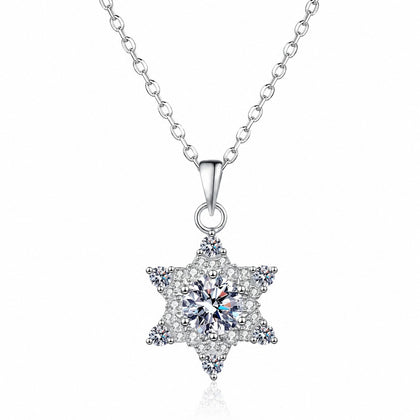Starburst Moissanite Pendant Necklace with CZ in Rhodium-Plated S925 sterling silver white background product photo showing starburst pendant with a round moissanite center and CZ points