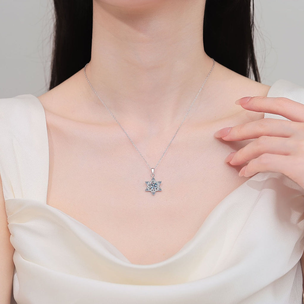 Starburst Moissanite Pendant Necklace with CZ in Rhodium-Plated S925 sterling silver neckline model view showing pendant scale and adjustable chain