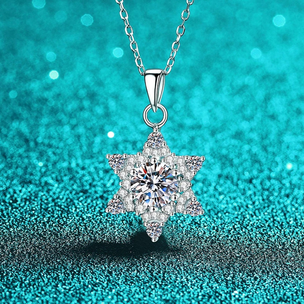 Starburst Moissanite Pendant Necklace with CZ in Rhodium-Plated S925 sterling silver close-up product scene showing pendant setting