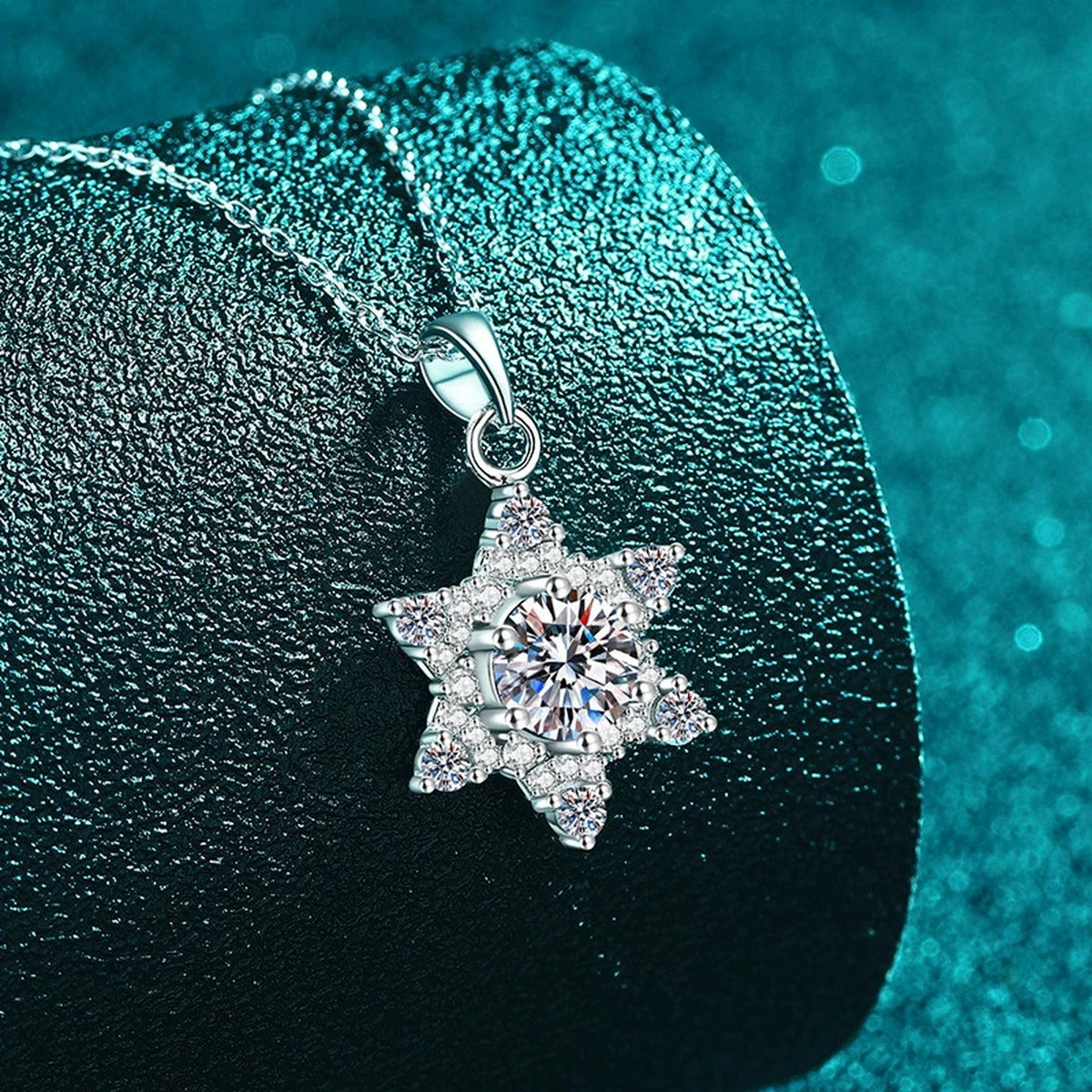 Starburst Moissanite Pendant Necklace with CZ in Rhodium-Plated S925 sterling silver blue display scene showing chain and stone layout