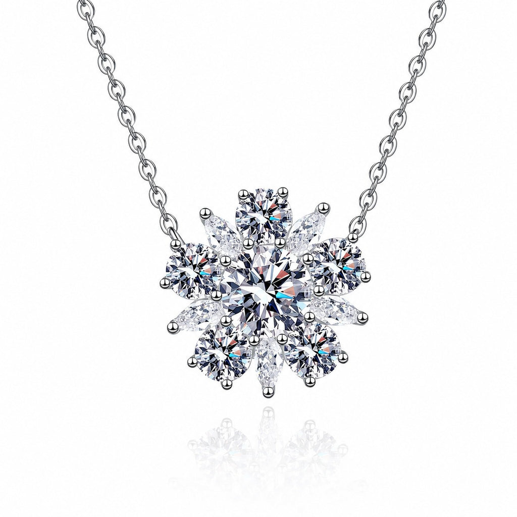 Sunflower Moissanite Pendant Necklace with CZ in Rhodium-Plated S925 sterling silver white background product photo showing sunflower pendant with a round moissanite center and CZ petal halo