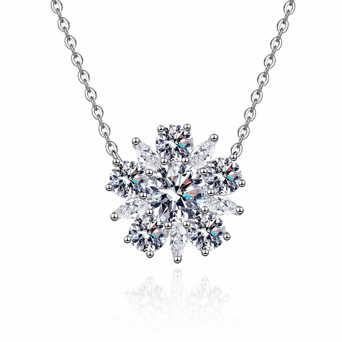 Sunflower Moissanite Pendant Necklace with CZ in Rhodium-Plated S925 sterling silver white background product photo showing sunflower pendant with a round moissanite center and CZ petal halo