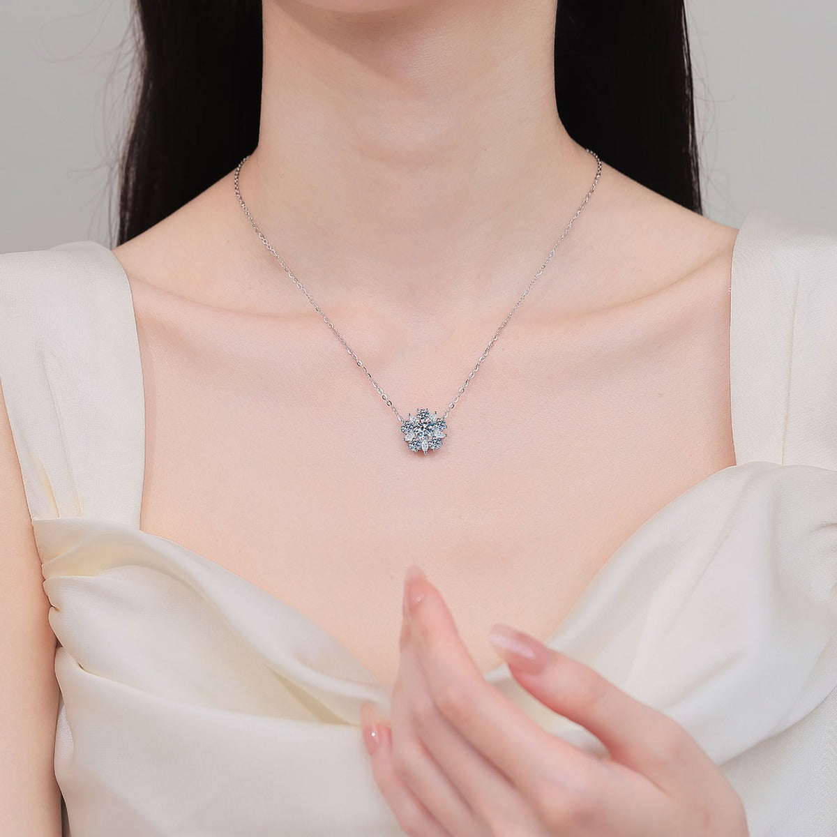 Sunflower Moissanite Pendant Necklace with CZ in Rhodium-Plated S925 sterling silver neckline model view showing pendant scale and adjustable chain