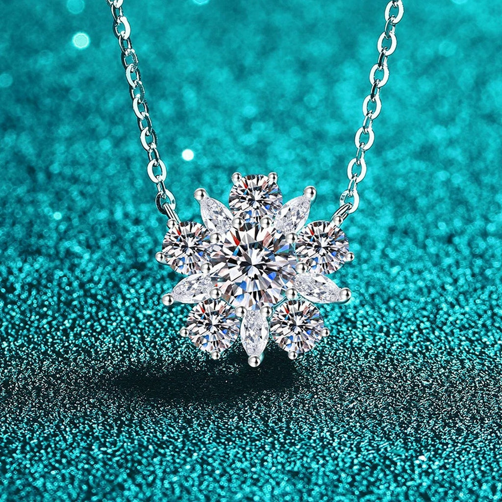 Sunflower Moissanite Pendant Necklace with CZ in Rhodium-Plated S925 sterling silver close-up product scene showing pendant setting