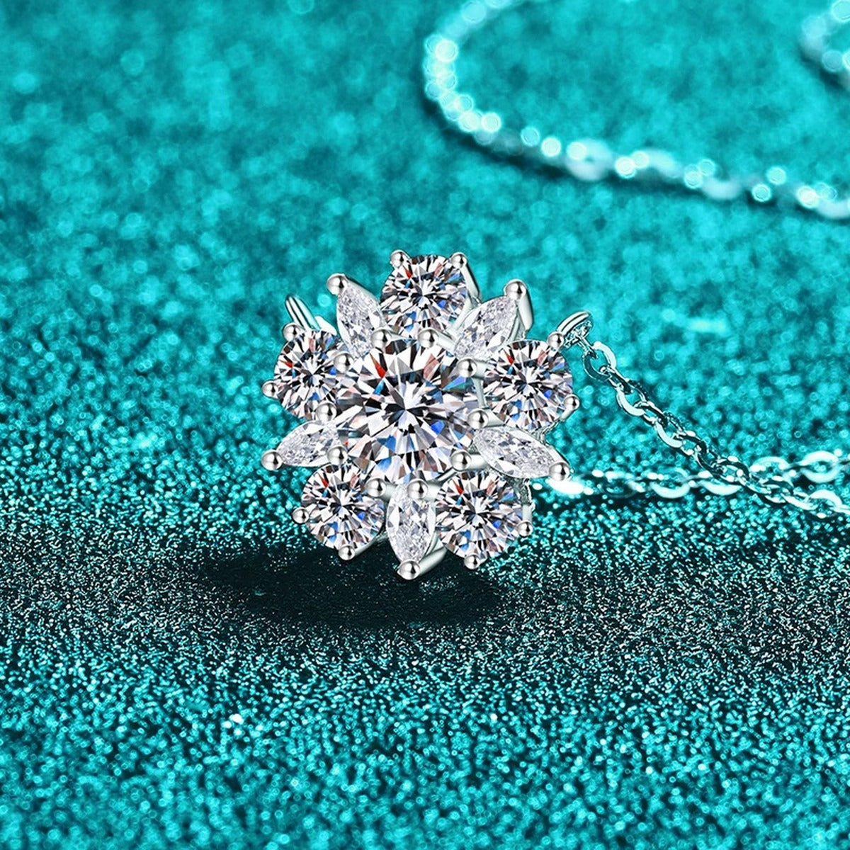 Sunflower Moissanite Pendant Necklace with CZ in Rhodium-Plated S925 sterling silver blue display scene showing chain and stone layout