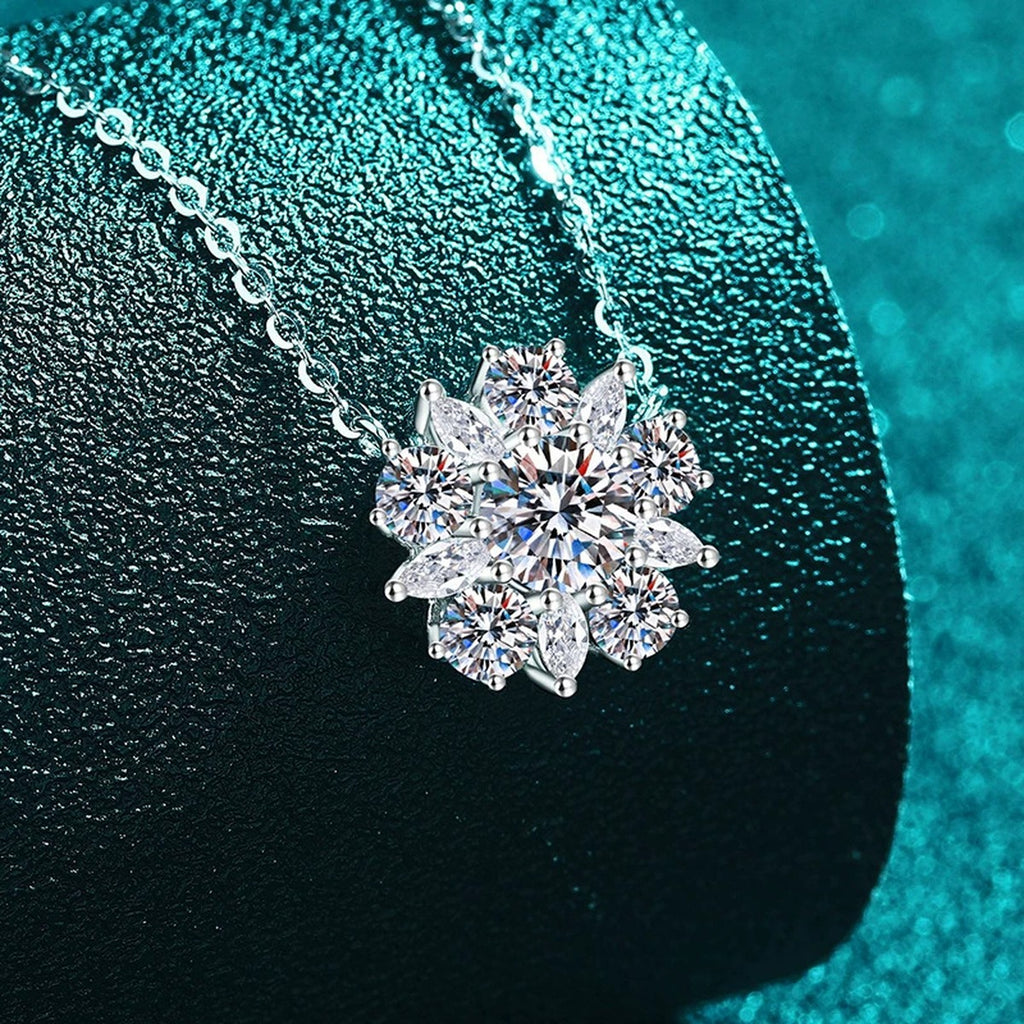 Sunflower Moissanite Pendant Necklace with CZ in Rhodium-Plated S925 sterling silver angled product detail view