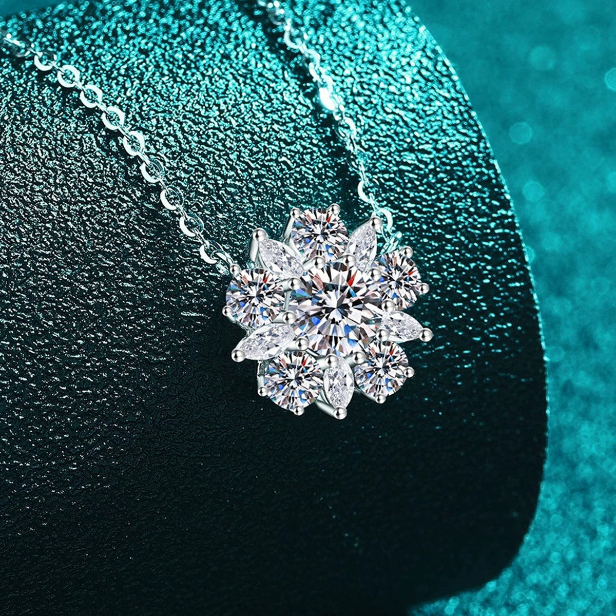 Sunflower Moissanite Pendant Necklace with CZ in Rhodium-Plated S925 sterling silver angled product detail view