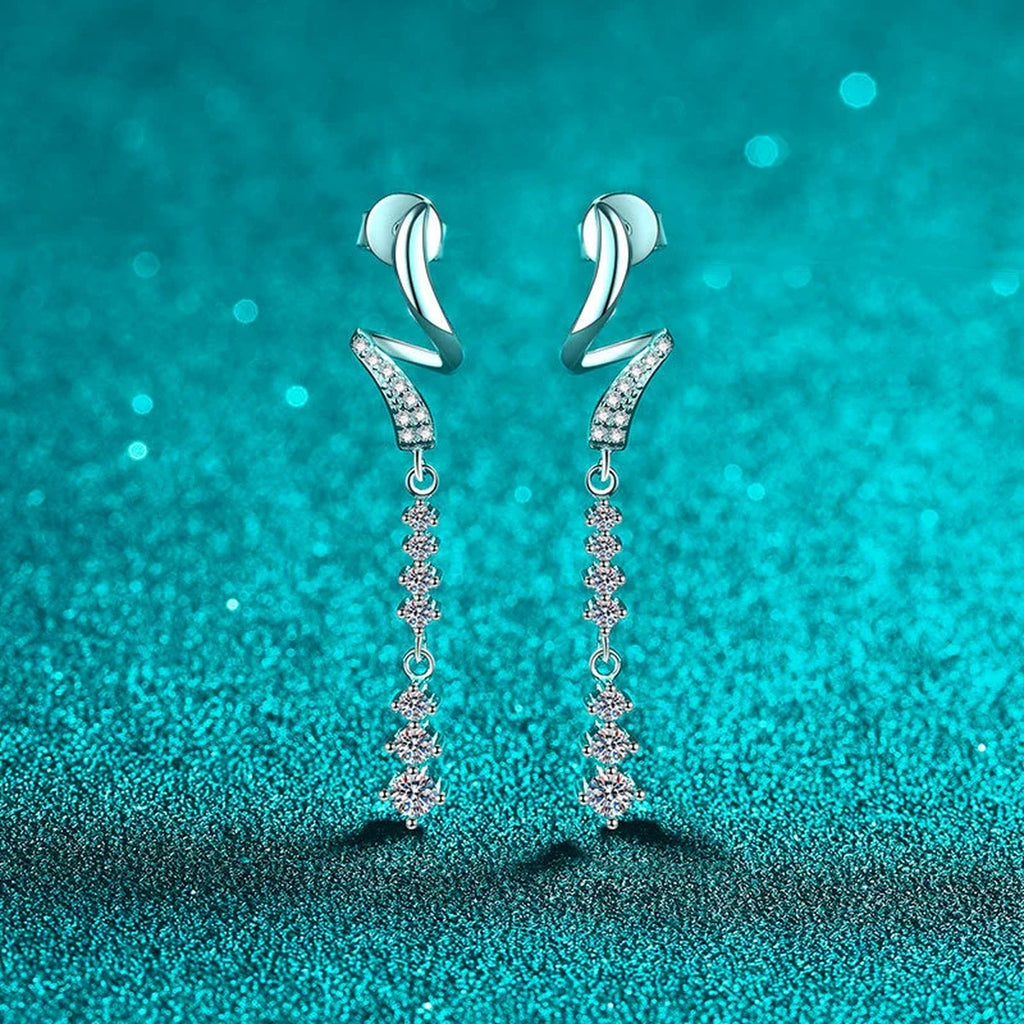 Linear Moissanite Stud Dangle Earrings with CZ in Rhodium-Plated S925 sterling silver main product scene photo showing the pair, stone shape, and stud dangle earrings silhouette