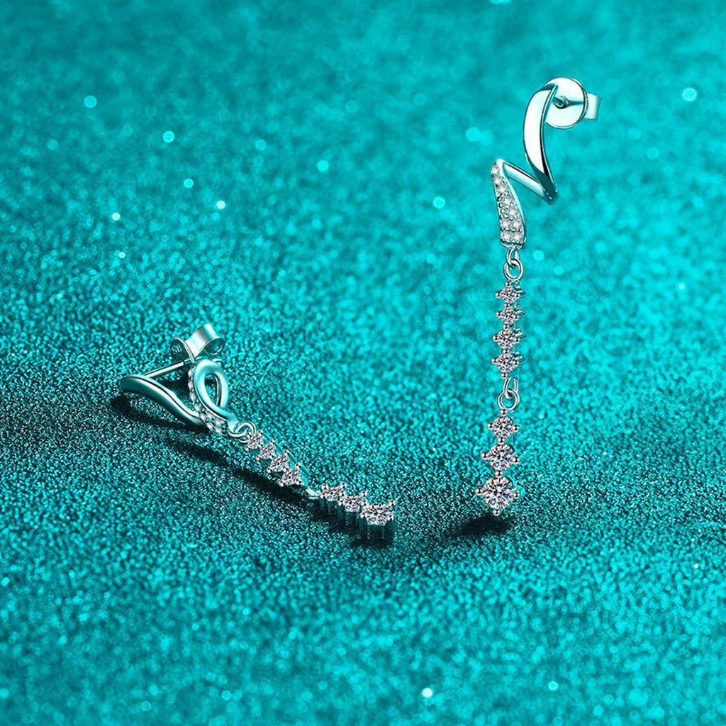 Linear Moissanite Stud Dangle Earrings with CZ in Rhodium-Plated S925 sterling silver product scene view showing front sparkle