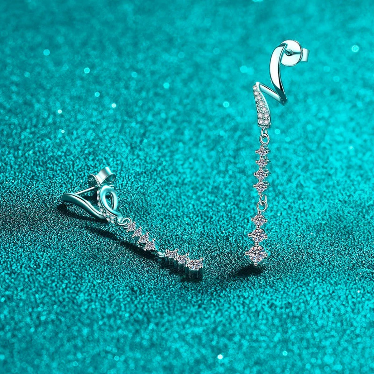 Linear Moissanite Stud Dangle Earrings with CZ in Rhodium-Plated S925 sterling silver product scene view showing front sparkle