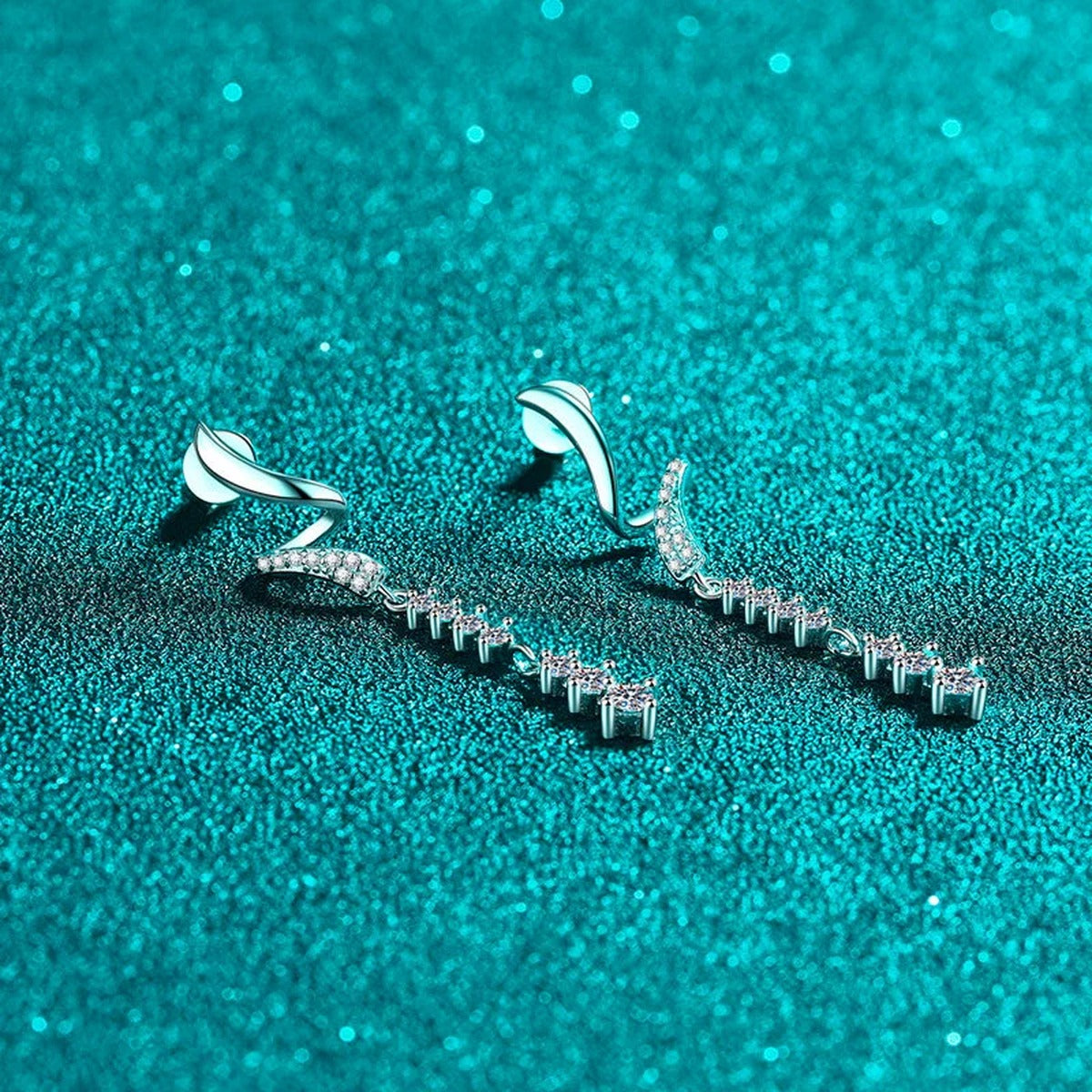 Linear Moissanite Stud Dangle Earrings with CZ in Rhodium-Plated S925 sterling silver product scene view showing angled setting detail