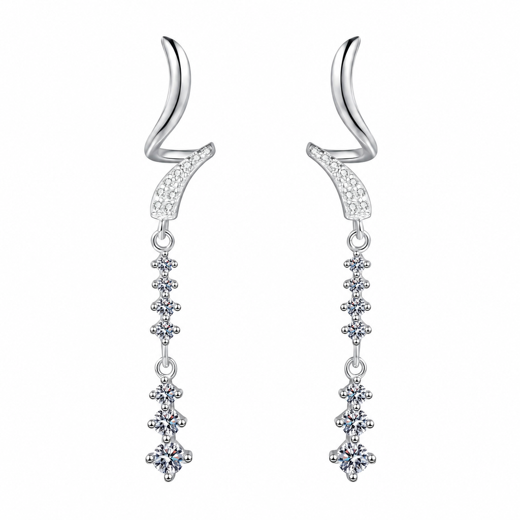 A pair of silver-toned dangle earrings with curved top hooks, pavé-set clear stones, and three dangling floral starburst clusters on a plain white background.