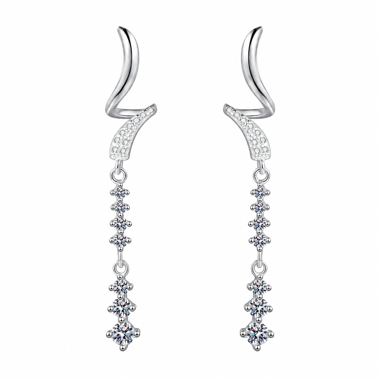 A pair of silver-toned dangle earrings with curved top hooks, pavé-set clear stones, and three dangling floral starburst clusters on a plain white background.