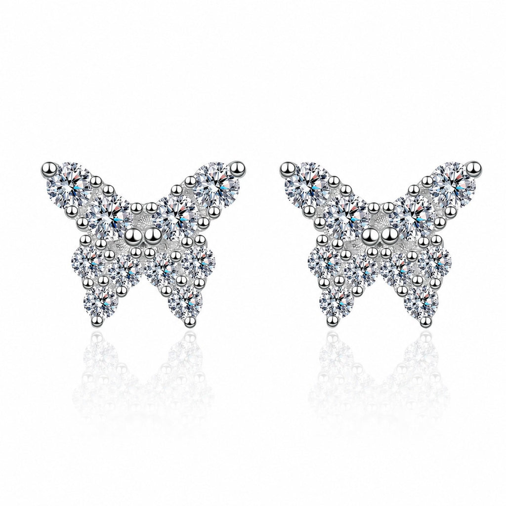 Butterfly Moissanite Stud Earrings in Rhodium-Plated S925 sterling silver white background product photo showing the pair, stone shape, and stud earrings silhouette