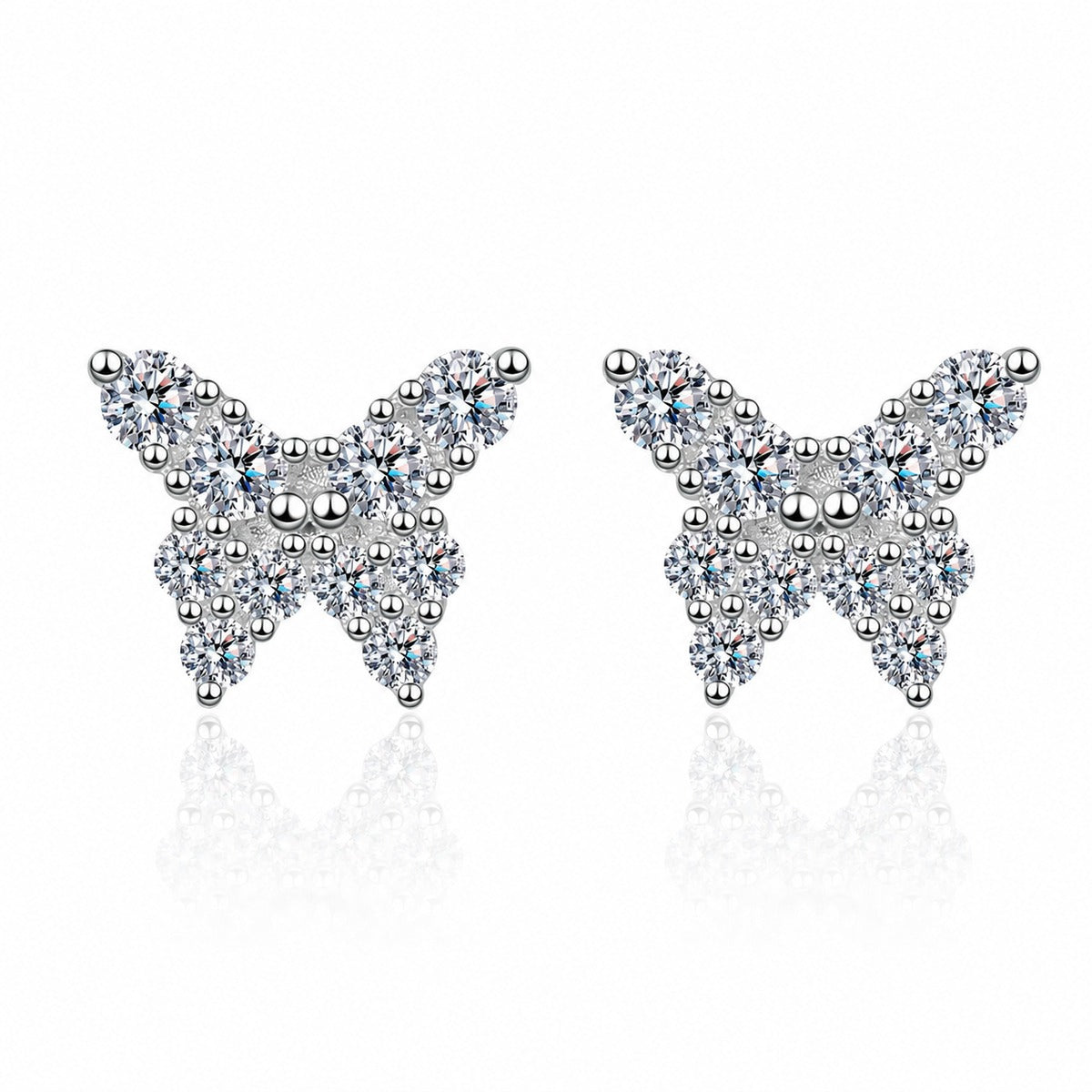 Butterfly Moissanite Stud Earrings in Rhodium-Plated S925 sterling silver white background product photo showing the pair, stone shape, and stud earrings silhouette