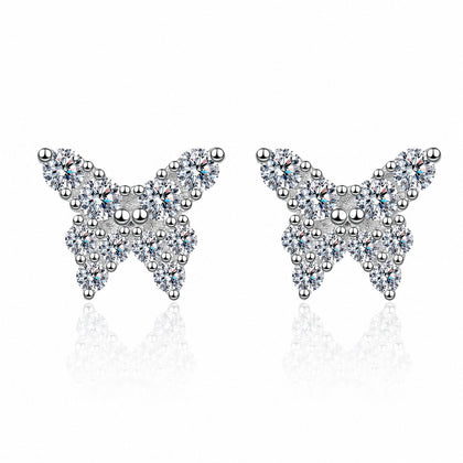 Butterfly Moissanite Stud Earrings in Rhodium-Plated S925 sterling silver white background product photo showing the pair, stone shape, and stud earrings silhouette