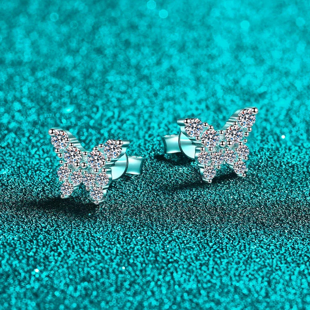 Butterfly Moissanite Stud Earrings in Rhodium-Plated S925 sterling silver product scene view showing side profile