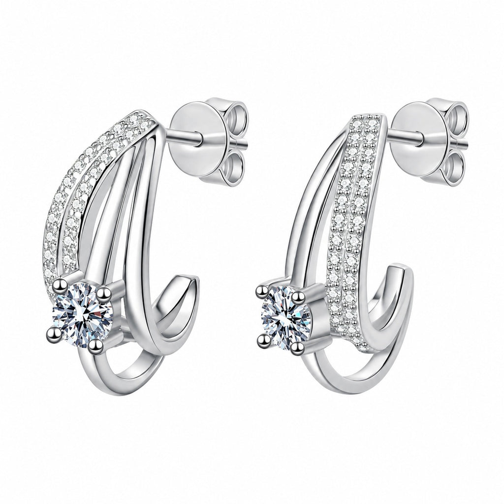 Round Moissanite Stud Drop Earrings with CZ in Rhodium-Plated S925 sterling silver white background product photo showing the pair, stone shape, and stud earrings silhouette