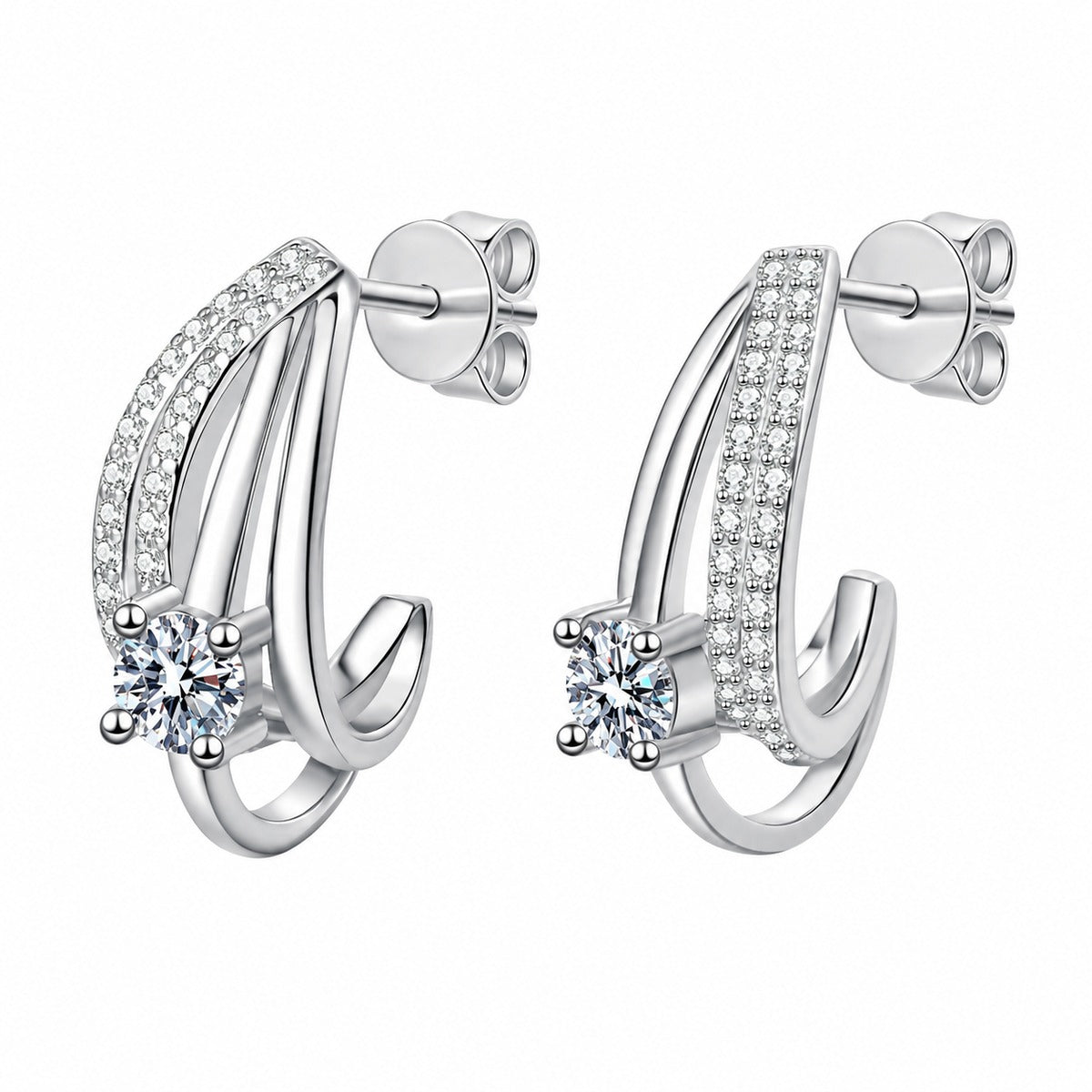 Round Moissanite Stud Drop Earrings with CZ in Rhodium-Plated S925 sterling silver white background product photo showing the pair, stone shape, and stud earrings silhouette