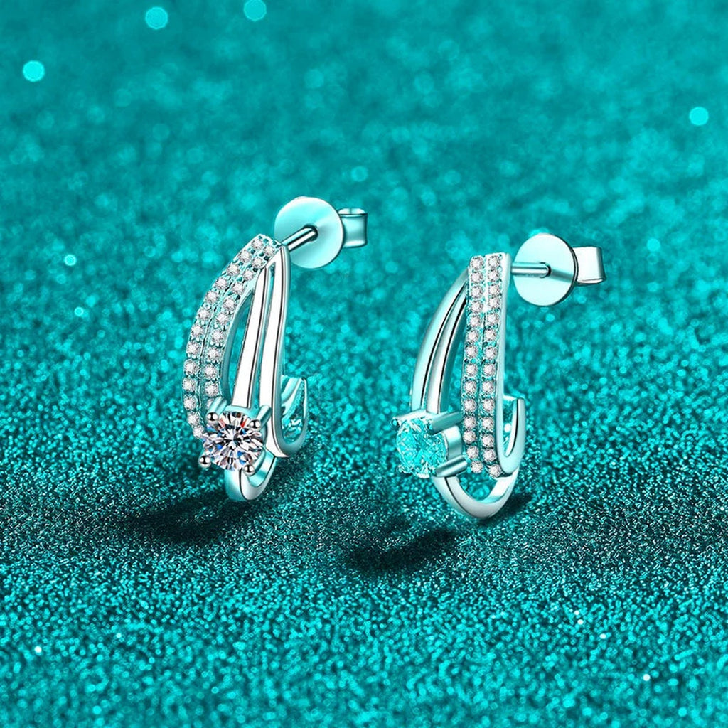 Round Moissanite Stud Drop Earrings with CZ in Rhodium-Plated S925 sterling silver product scene view showing angled setting detail