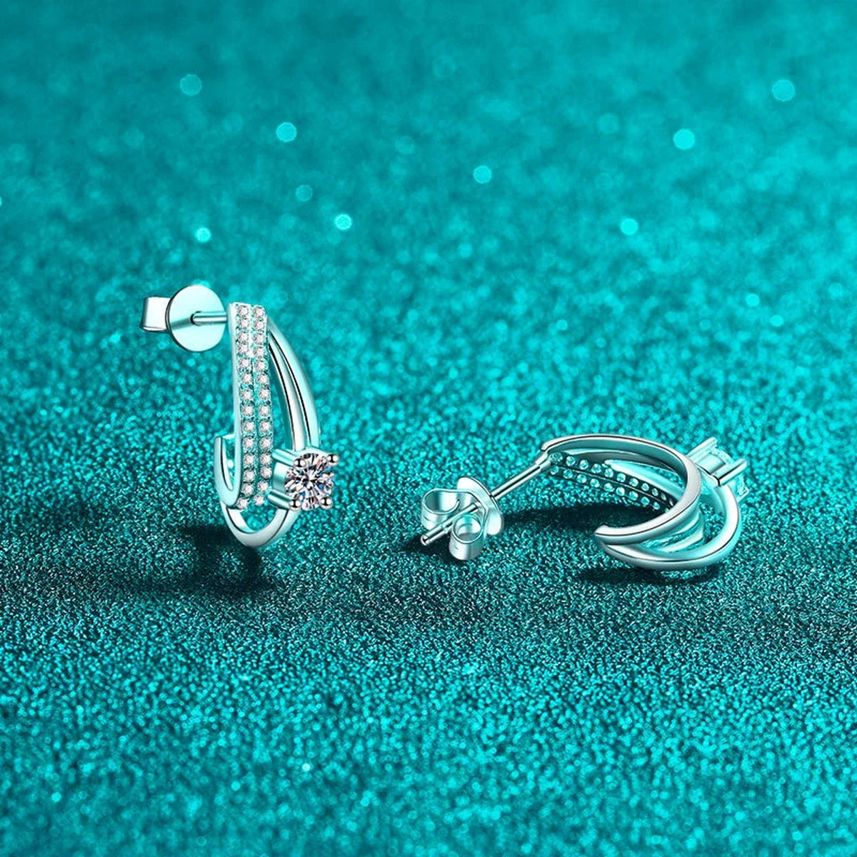 Round Moissanite Stud Drop Earrings with CZ in Rhodium-Plated S925 sterling silver product scene view showing side profile