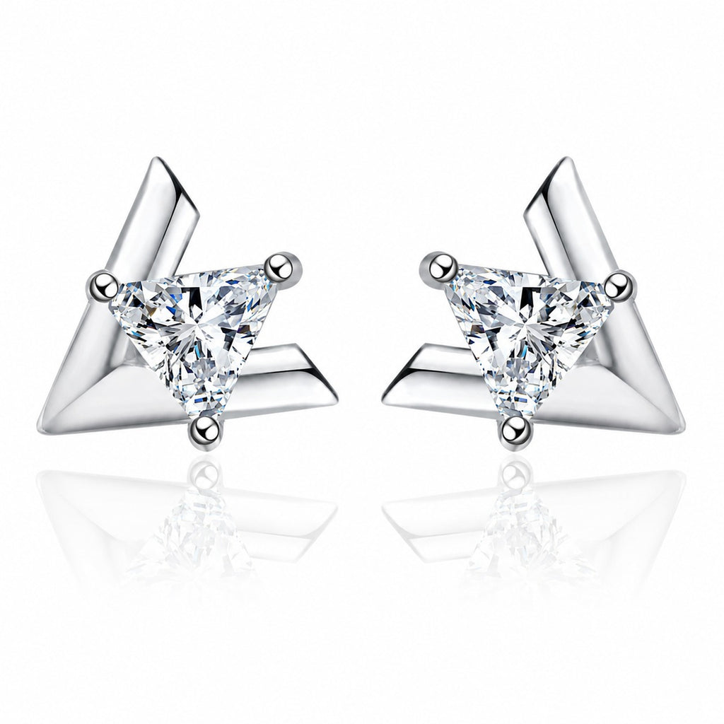 Trillion Cut Moissanite Stud Earrings in Rhodium-Plated S925 sterling silver white background product photo showing the pair, stone shape, and stud earrings silhouette