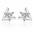 Trillion Cut Moissanite Stud Earrings in Rhodium-Plated S925 sterling silver white background product photo showing the pair, stone shape, and stud earrings silhouette