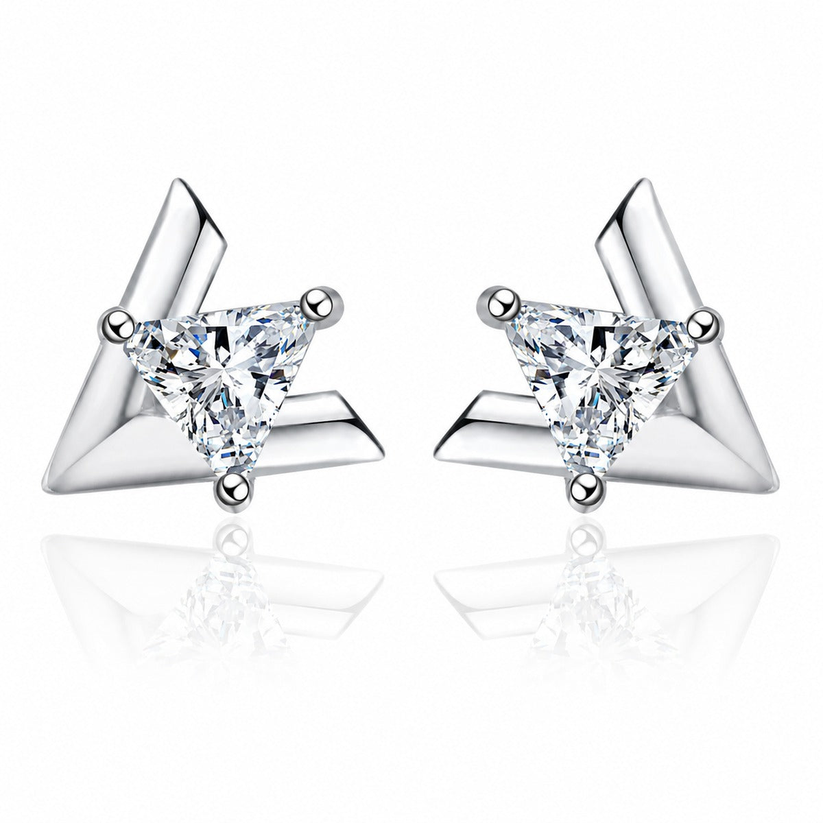 Trillion Cut Moissanite Stud Earrings in Rhodium-Plated S925 sterling silver white background product photo showing the pair, stone shape, and stud earrings silhouette