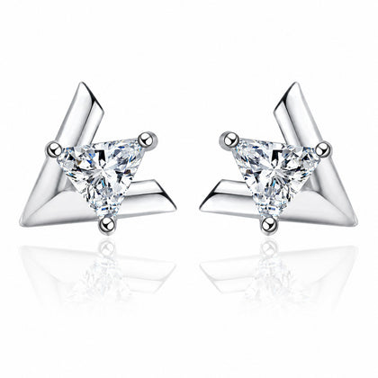 Trillion Cut Moissanite Stud Earrings in Rhodium-Plated S925 sterling silver white background product photo showing the pair, stone shape, and stud earrings silhouette