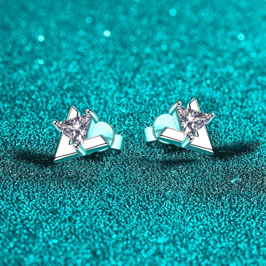 Trillion Cut Moissanite Stud Earrings in Rhodium-Plated S925 sterling silver product scene view showing front sparkle
