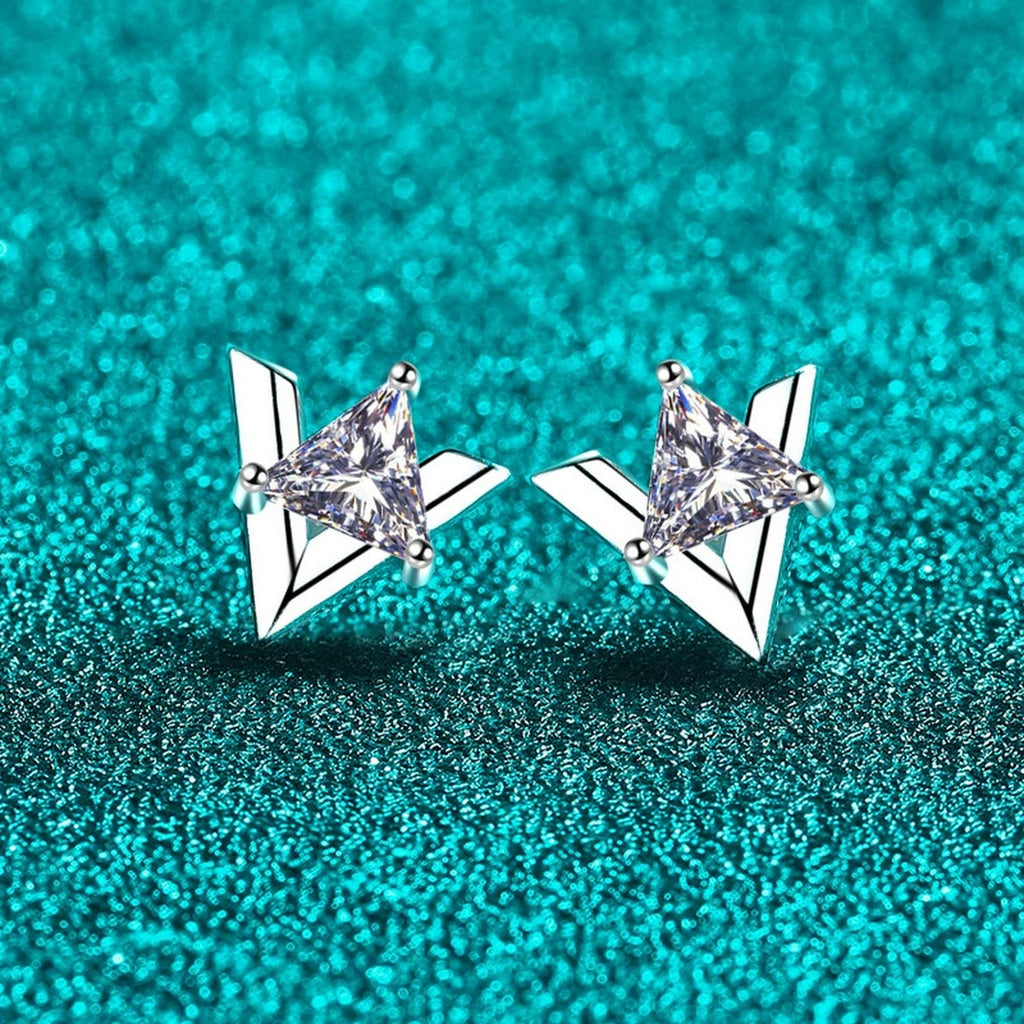 Trillion Cut Moissanite Stud Earrings in Rhodium-Plated S925 sterling silver product scene view showing angled setting detail