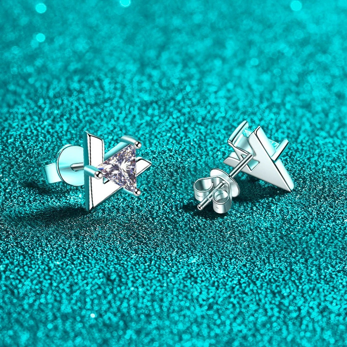 Trillion Cut Moissanite Stud Earrings in Rhodium-Plated S925 sterling silver product scene view showing side profile