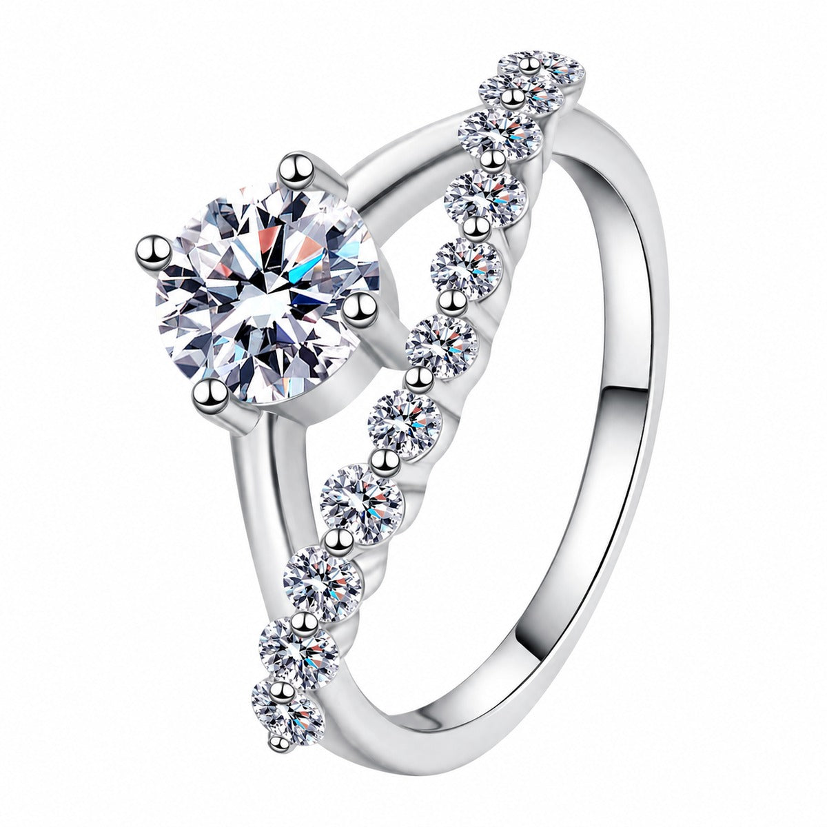 Round Moissanite Ring with CZ in rhodium-plated S925 sterling silver on clean white background