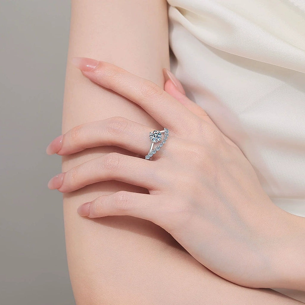 Round Moissanite Ring with CZ worn on hand to show scale, band width, and ring profile