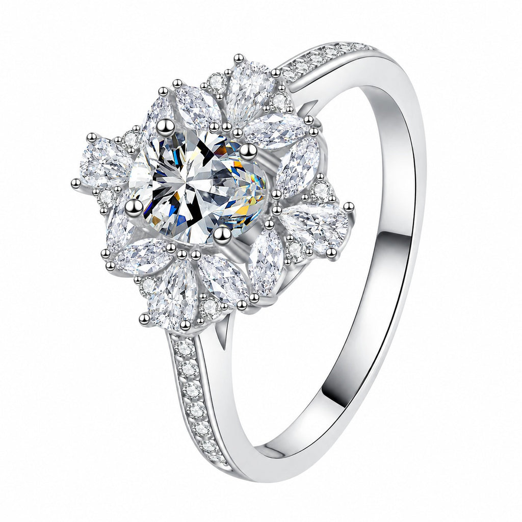 Oval Moissanite Ring with CZ in rhodium-plated S925 sterling silver on clean white background