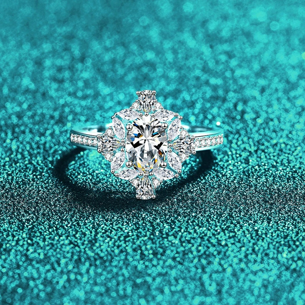 Oval Moissanite Ring with CZ product view showing moissanite setting and metal finish