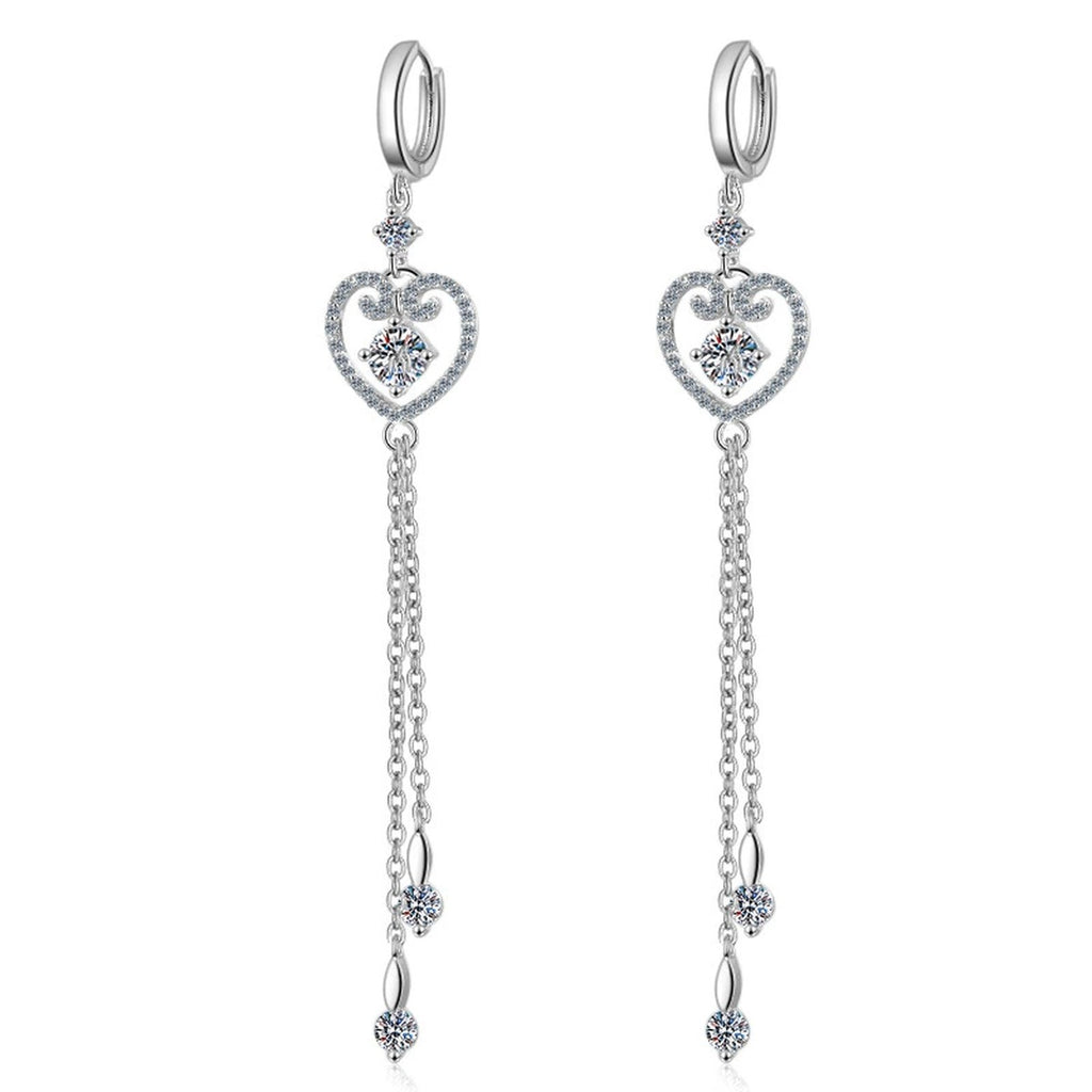 Heart Moissanite Hoop Dangle Earrings with CZ in Rhodium-Plated S925 Sterling Silver on clean white background showing the pair, setting, and hoop dangle earrings silhouette