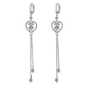 Heart Moissanite Hoop Dangle Earrings with CZ in Rhodium-Plated S925 Sterling Silver on clean white background showing the pair, setting, and hoop dangle earrings silhouette
