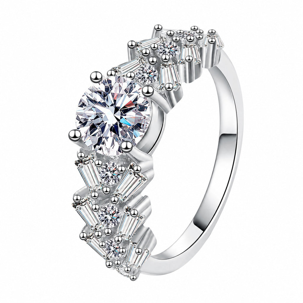 Round Moissanite Ring with CZ in rhodium-plated S925 sterling silver on clean white background