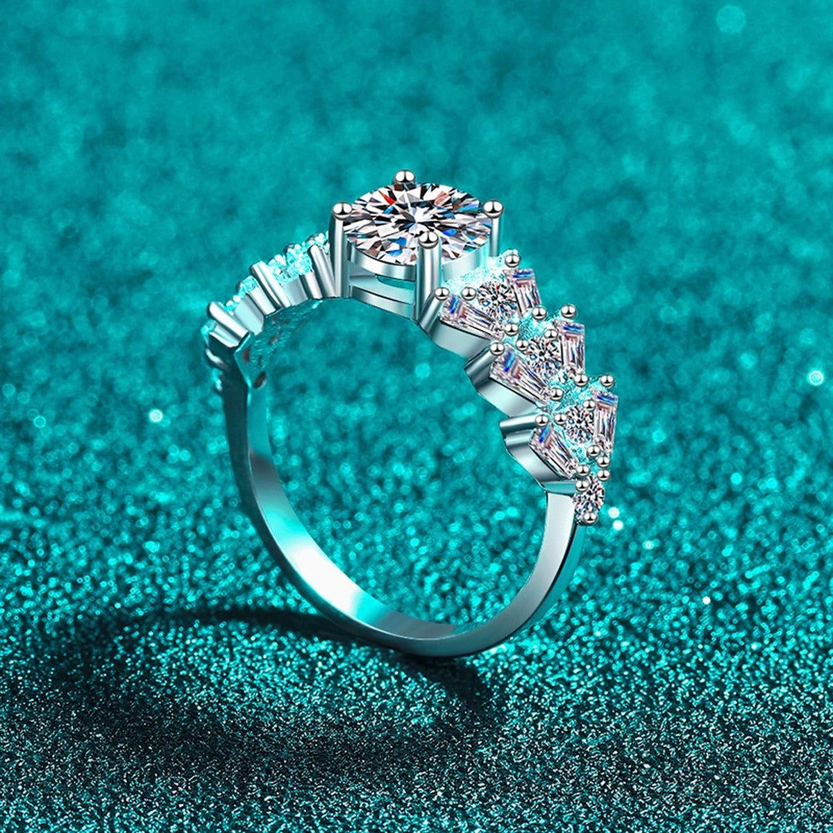 Round Moissanite Ring with CZ product view showing moissanite setting and metal finish