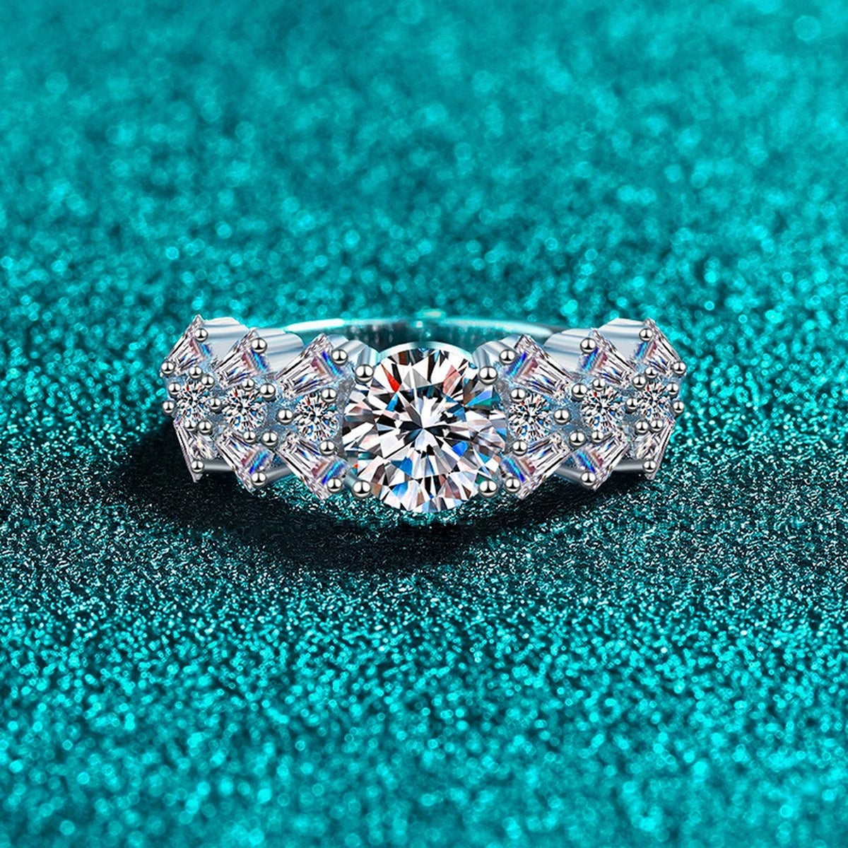 Round Moissanite Ring with CZ product view showing moissanite setting and metal finish