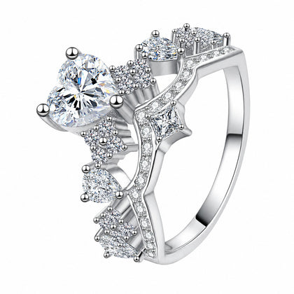 Heart Cut Moissanite Ring with CZ in rhodium-plated S925 sterling silver on clean white background