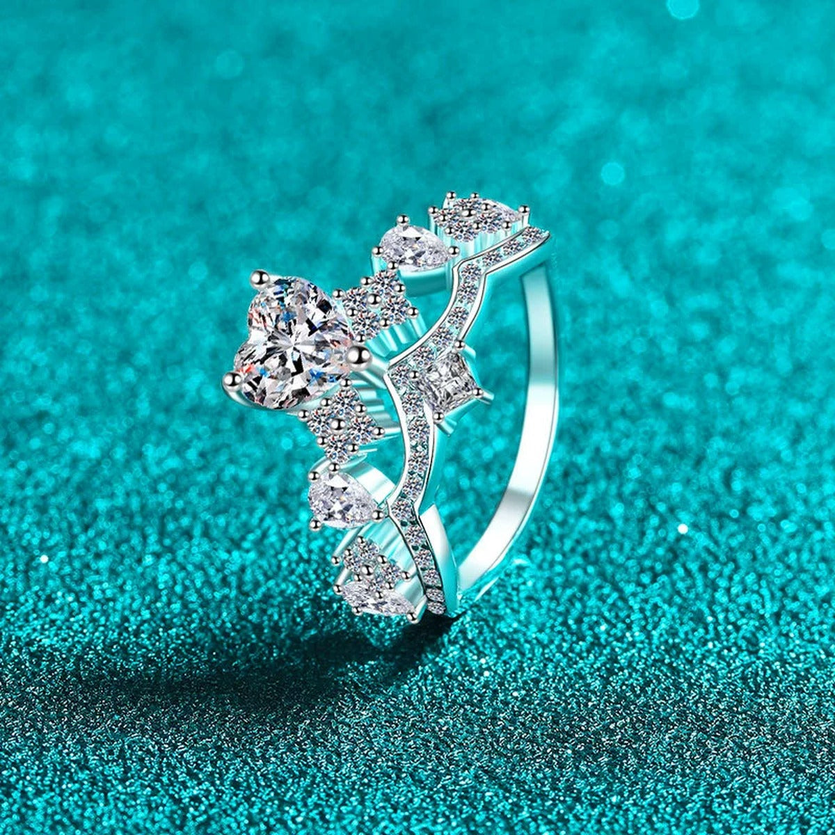 Heart Cut Moissanite Ring with CZ product view showing moissanite setting and metal finish